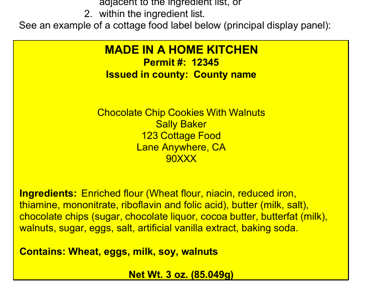 CDPH Labeling Requirements for Cottage Food Products from an official state agency source