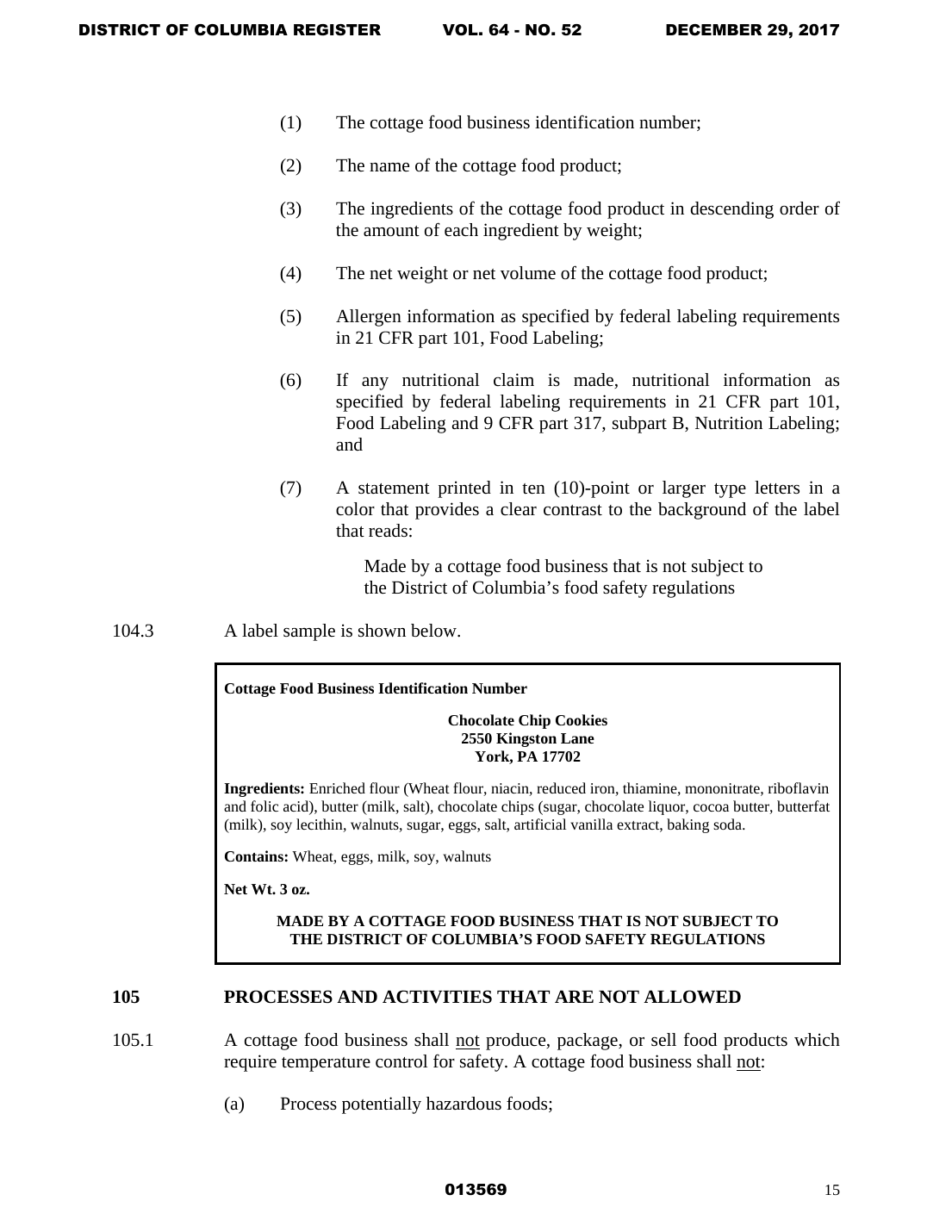 DC Health 25-K DCMR 104.3 sample from an official state agency source