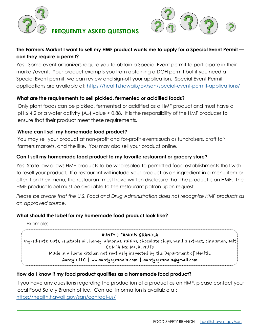 Hawaii DOH Homemade Food Products FAQ from an official state agency source