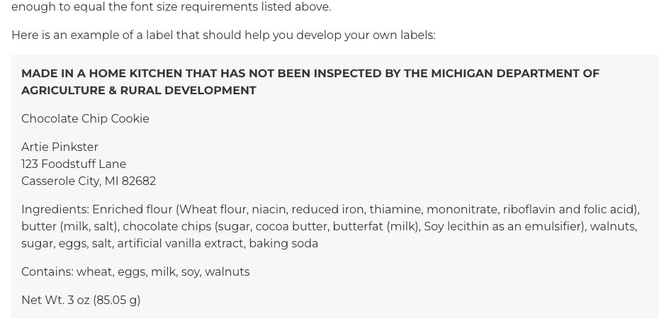 MDARD cottage food labeling from an official state agency source