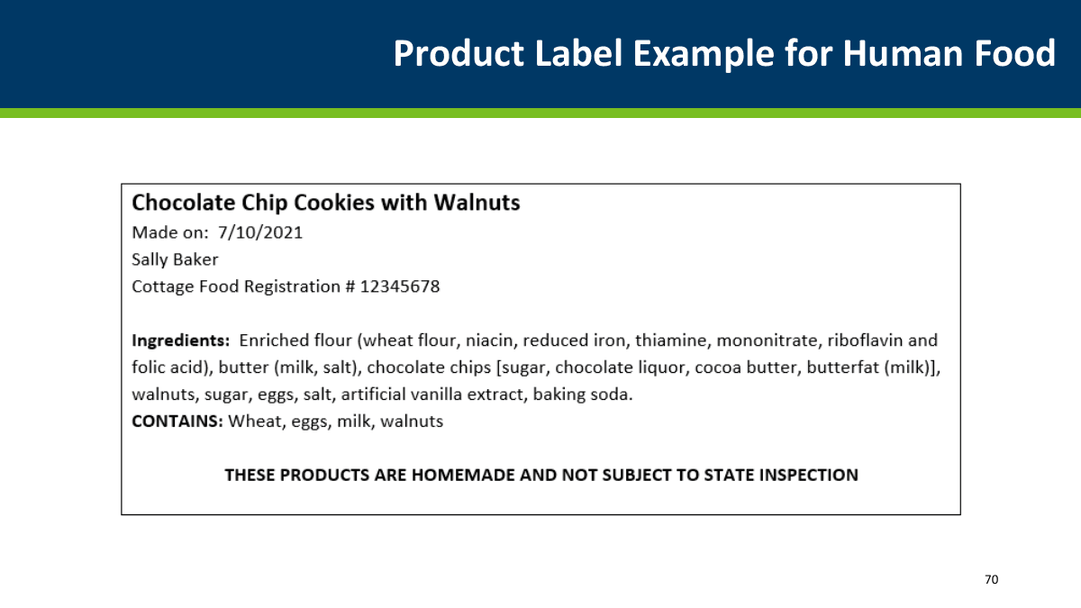 MDA Cottage Food Training product-label slide from an official state agency source