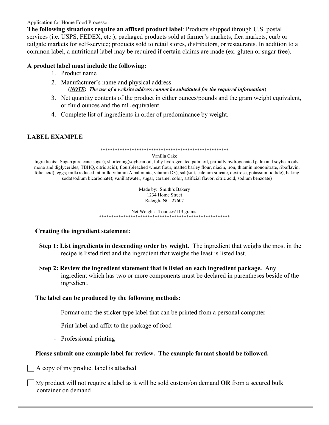 NCDA&CS Home Processor application label example from an official state agency source