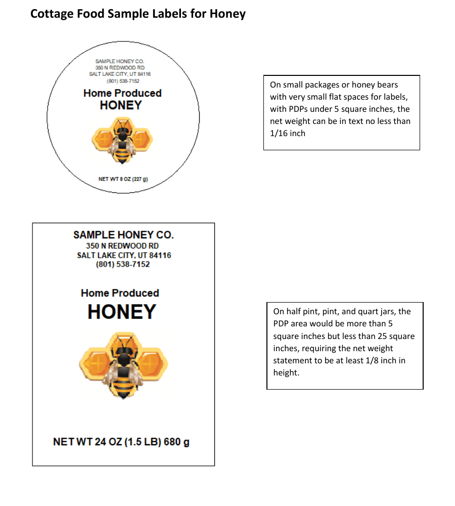 Utah cottage food sample honey labels from an official state agency source