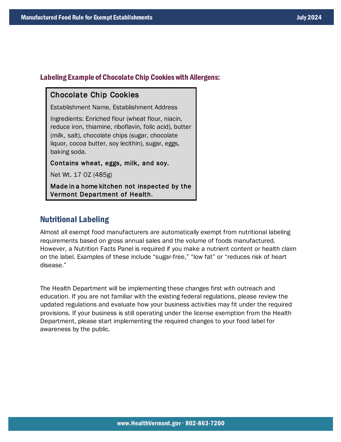 VDH exempt-establishment chocolate-chip example from an official state agency source