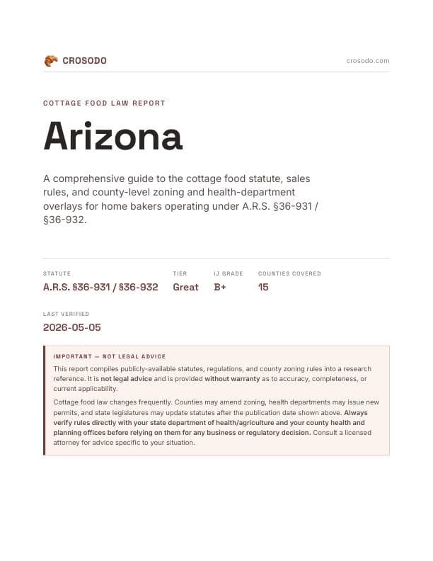 Cover of Arizona cottage food law PDF report