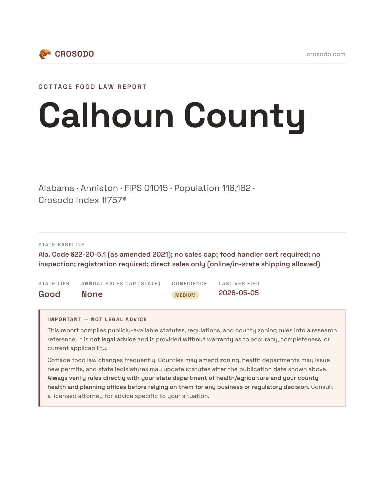 Cover of Calhoun County county cottage food report