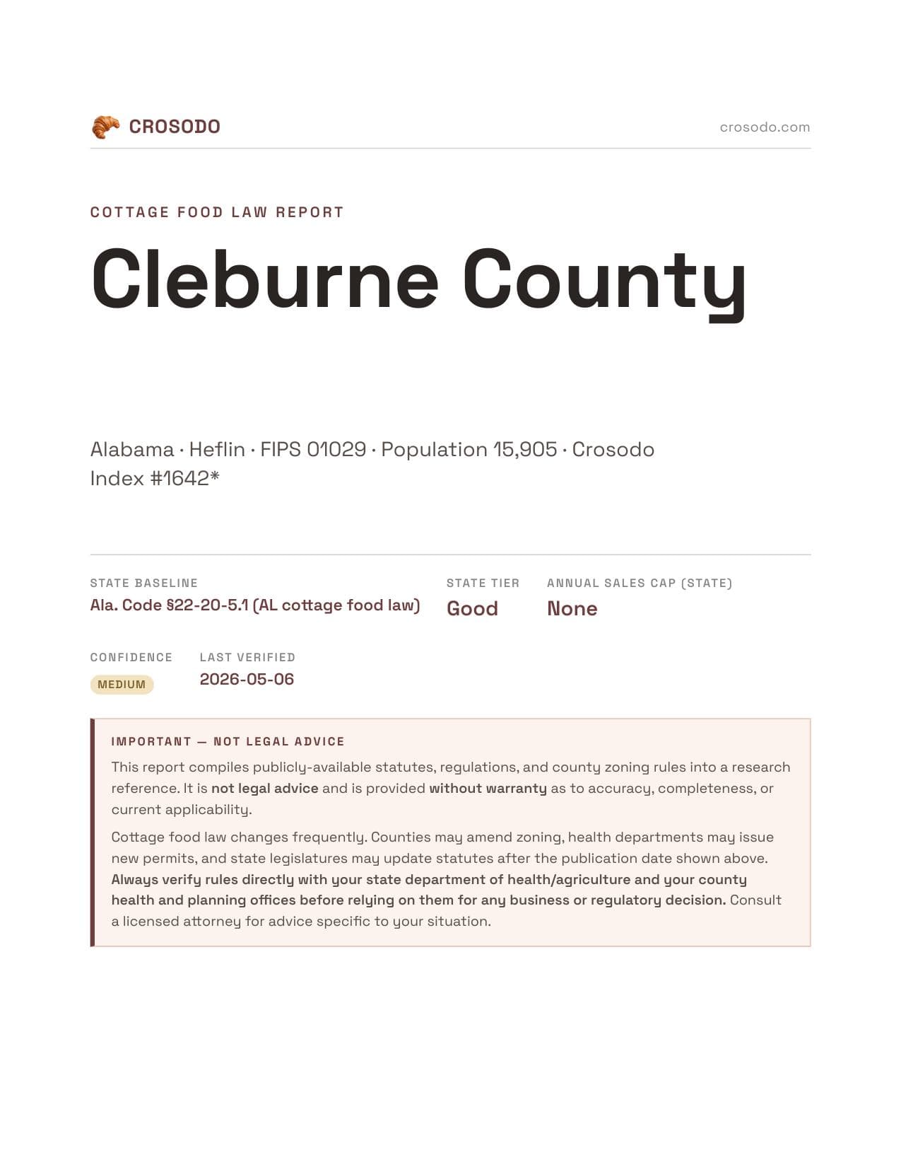 Cover of Cleburne County county cottage food report