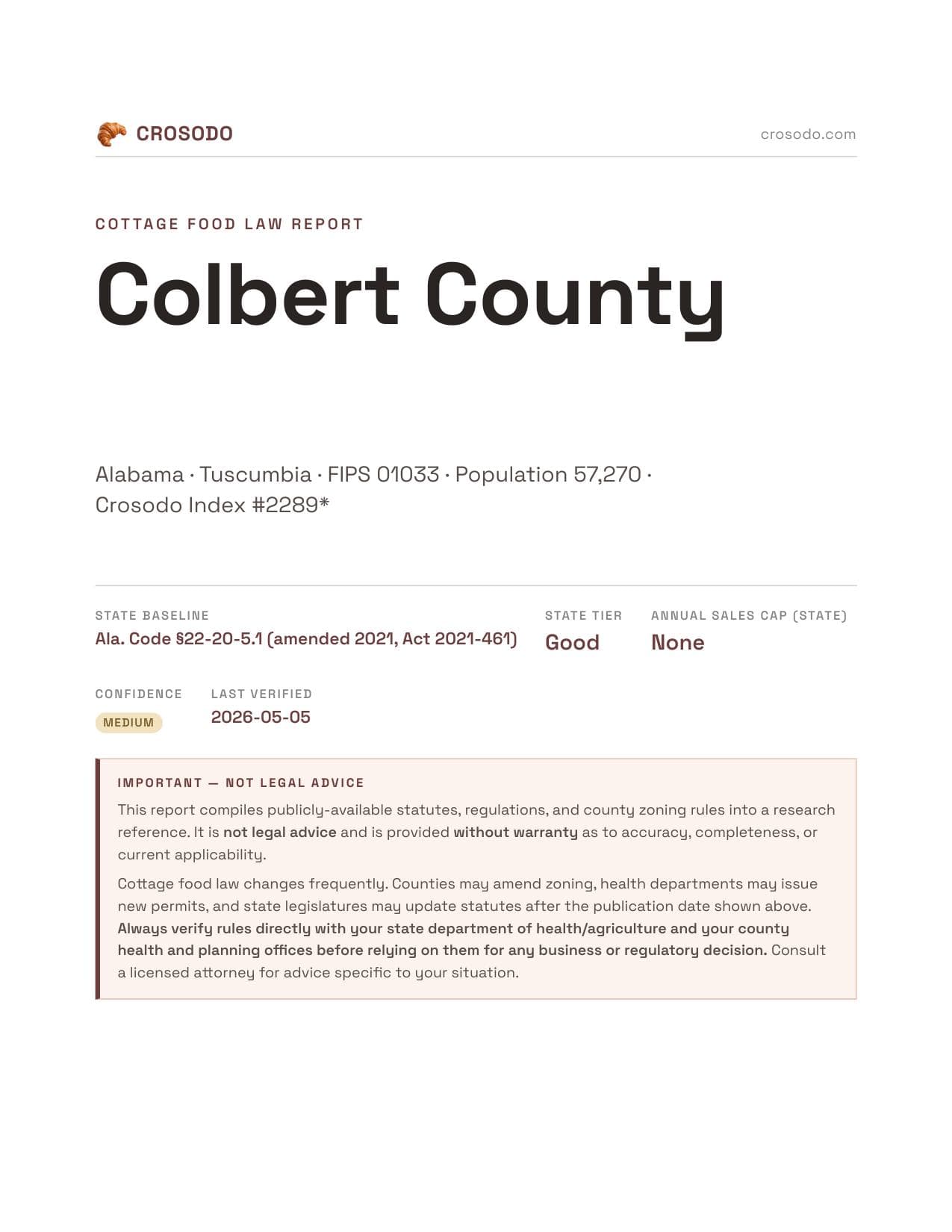 Cover of Colbert County county cottage food report