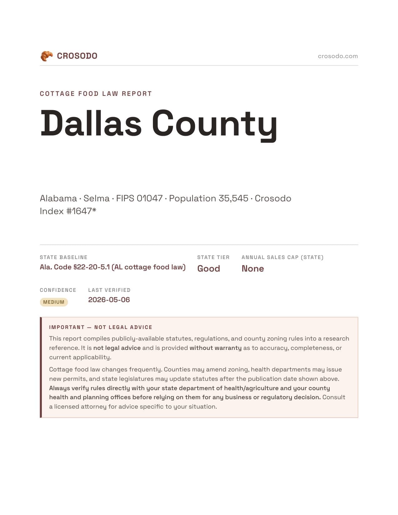 Cover of Dallas County county cottage food report