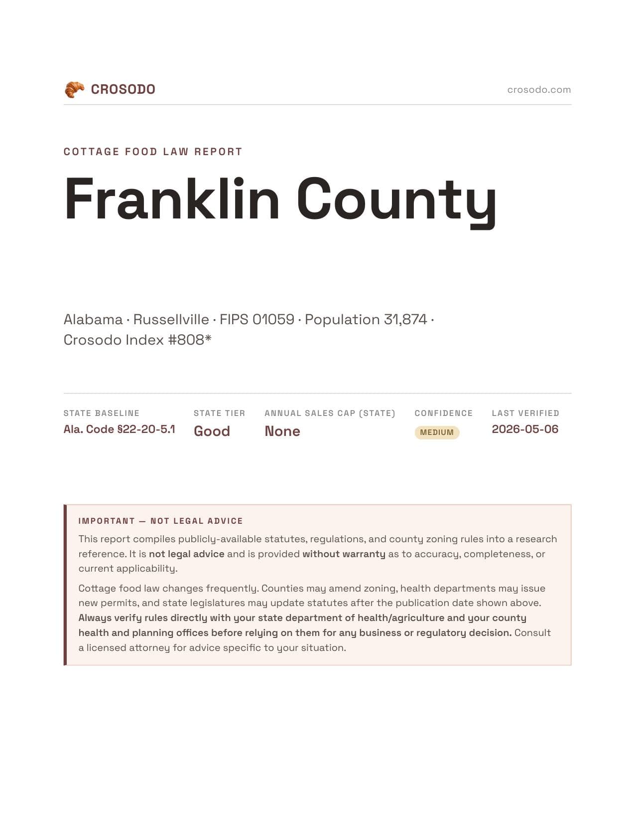 Cover of Franklin County county cottage food report