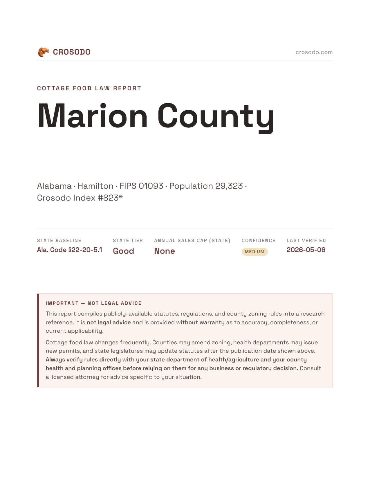 Cover of Marion County county cottage food report