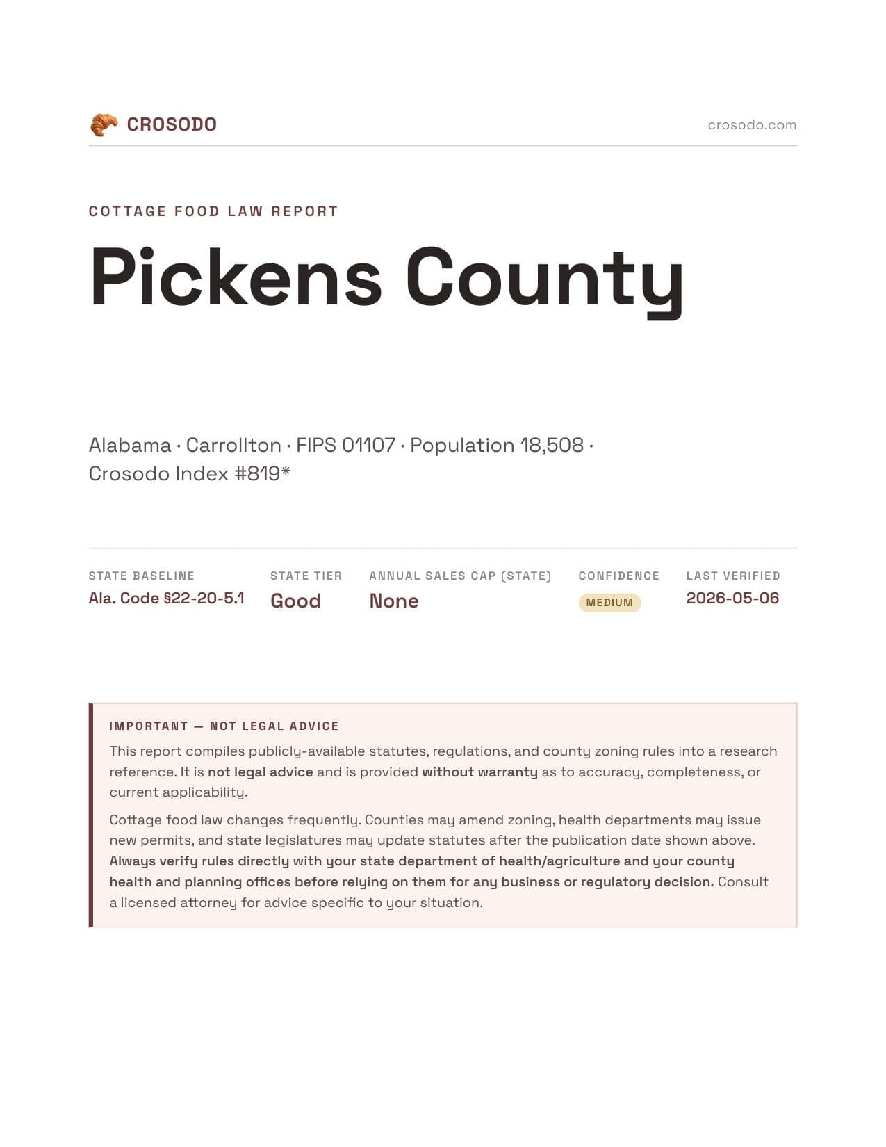 Cover of Pickens County county cottage food report
