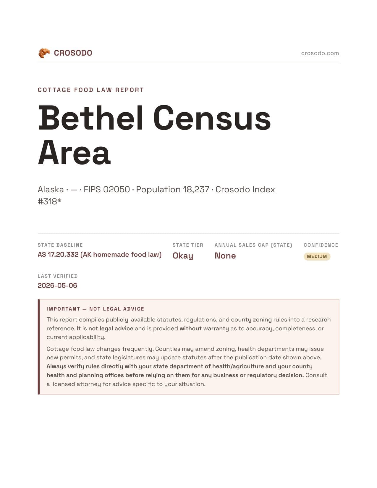 Cover of Bethel Census Area county cottage food report