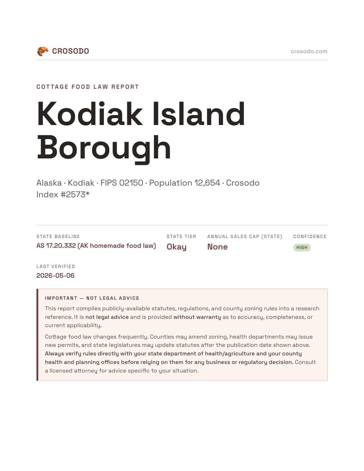 Cover of Kodiak Island Borough county cottage food report