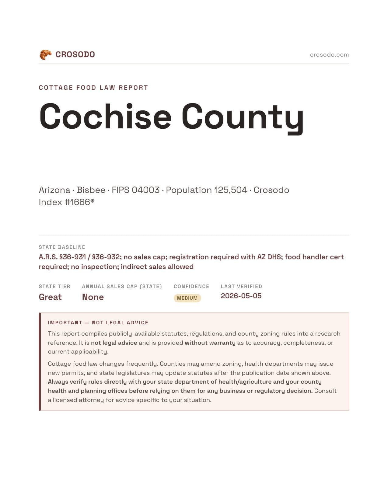 Cover of Cochise County county cottage food report