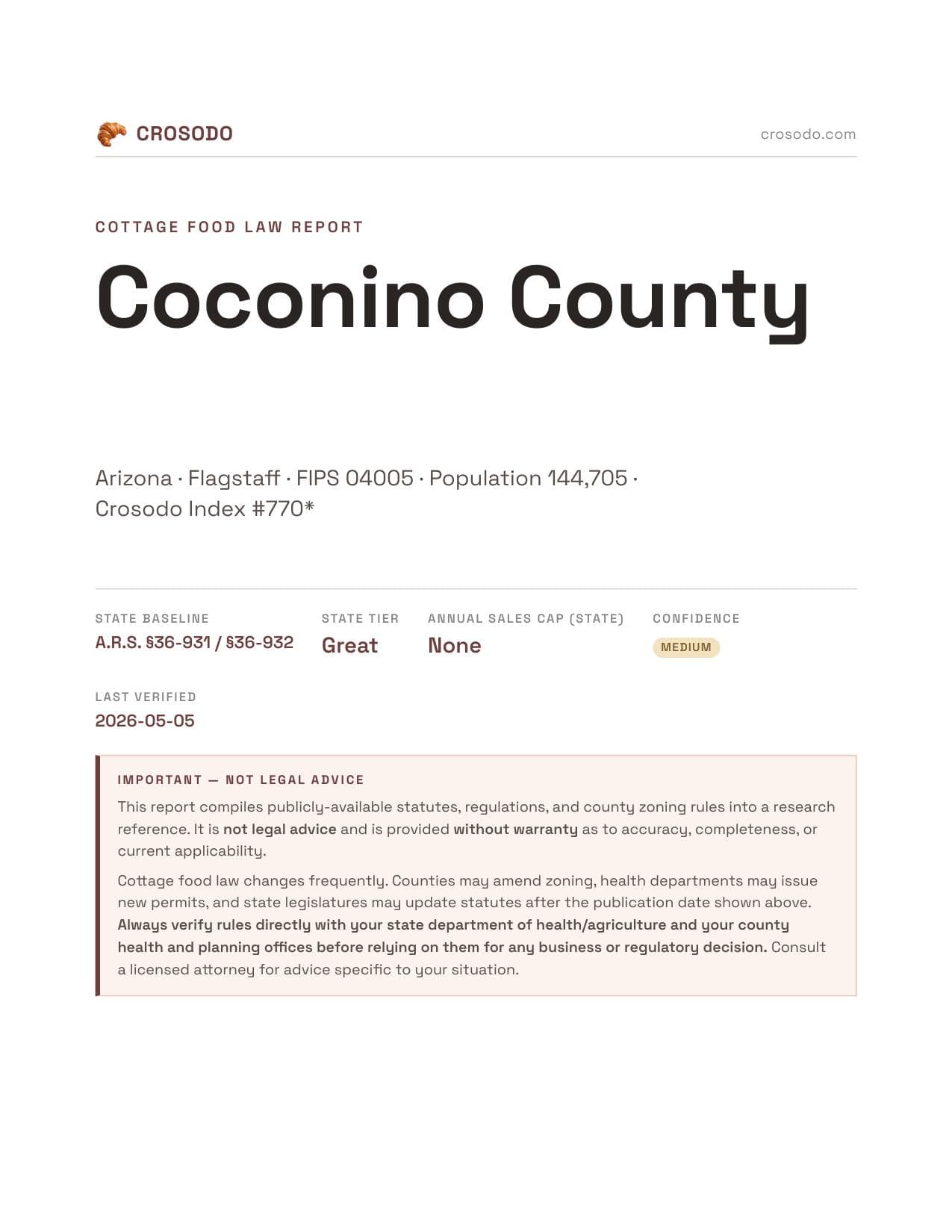 Cover of Coconino County county cottage food report