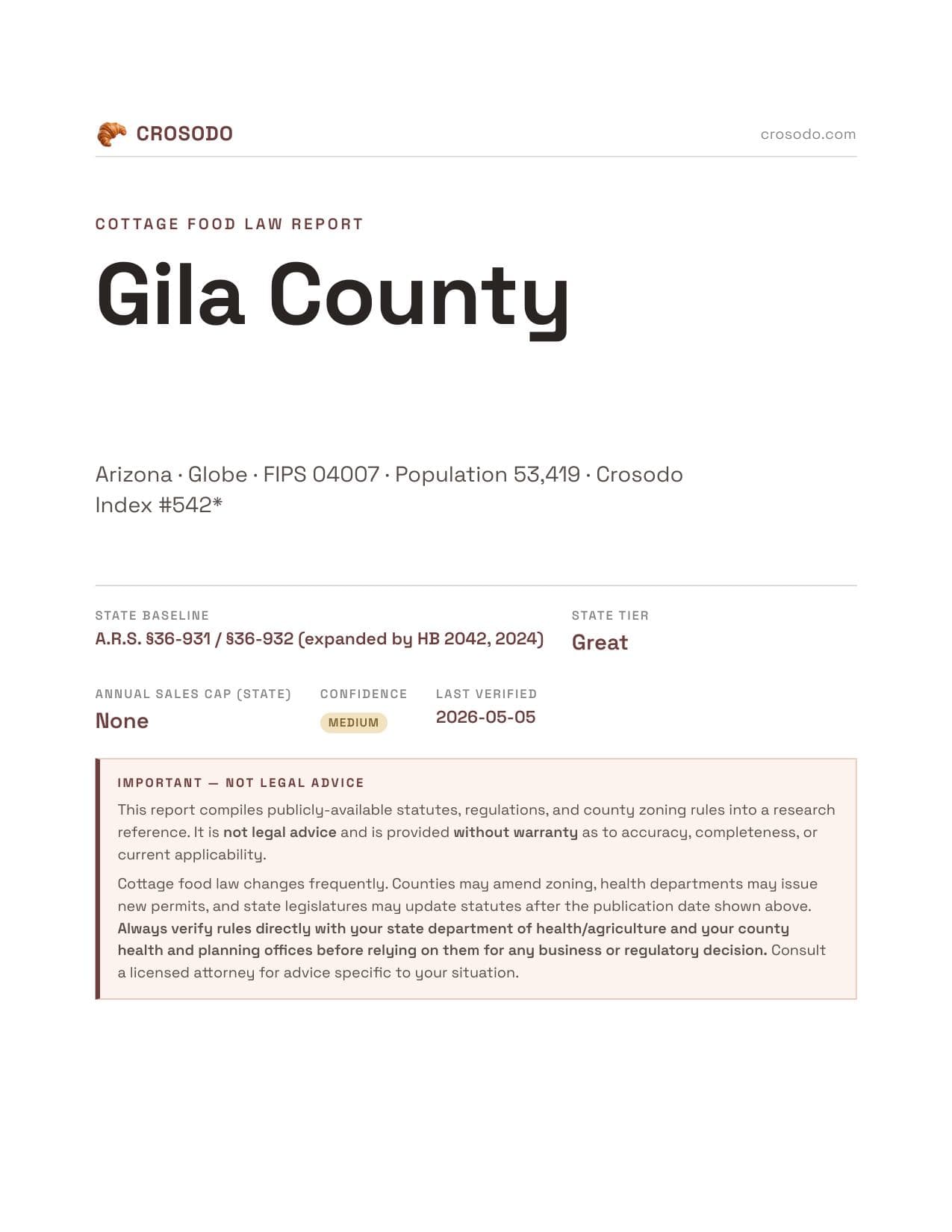 Cover of Gila County county cottage food report