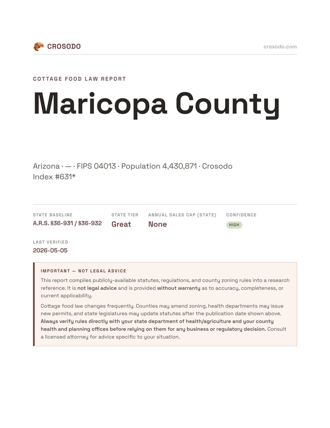 Cover of Maricopa County county cottage food report