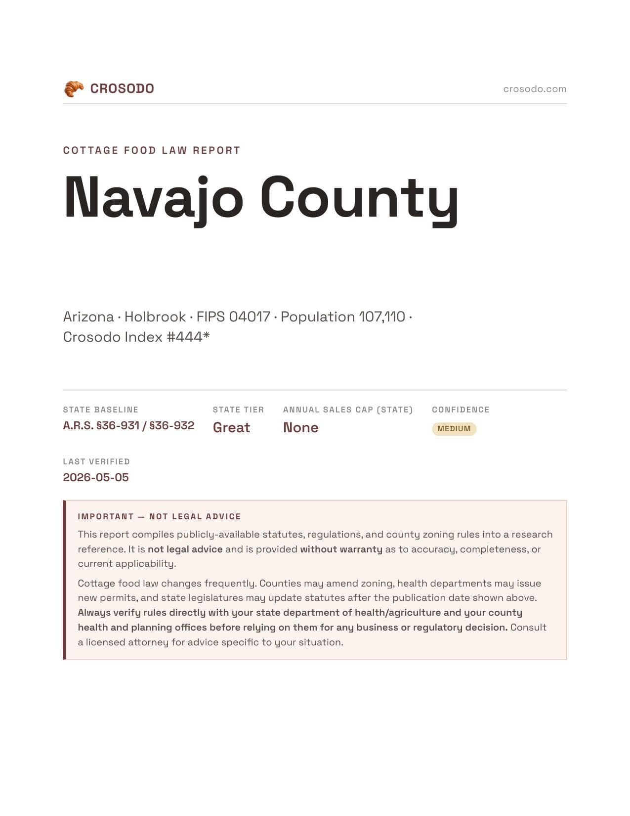 Cover of Navajo County county cottage food report