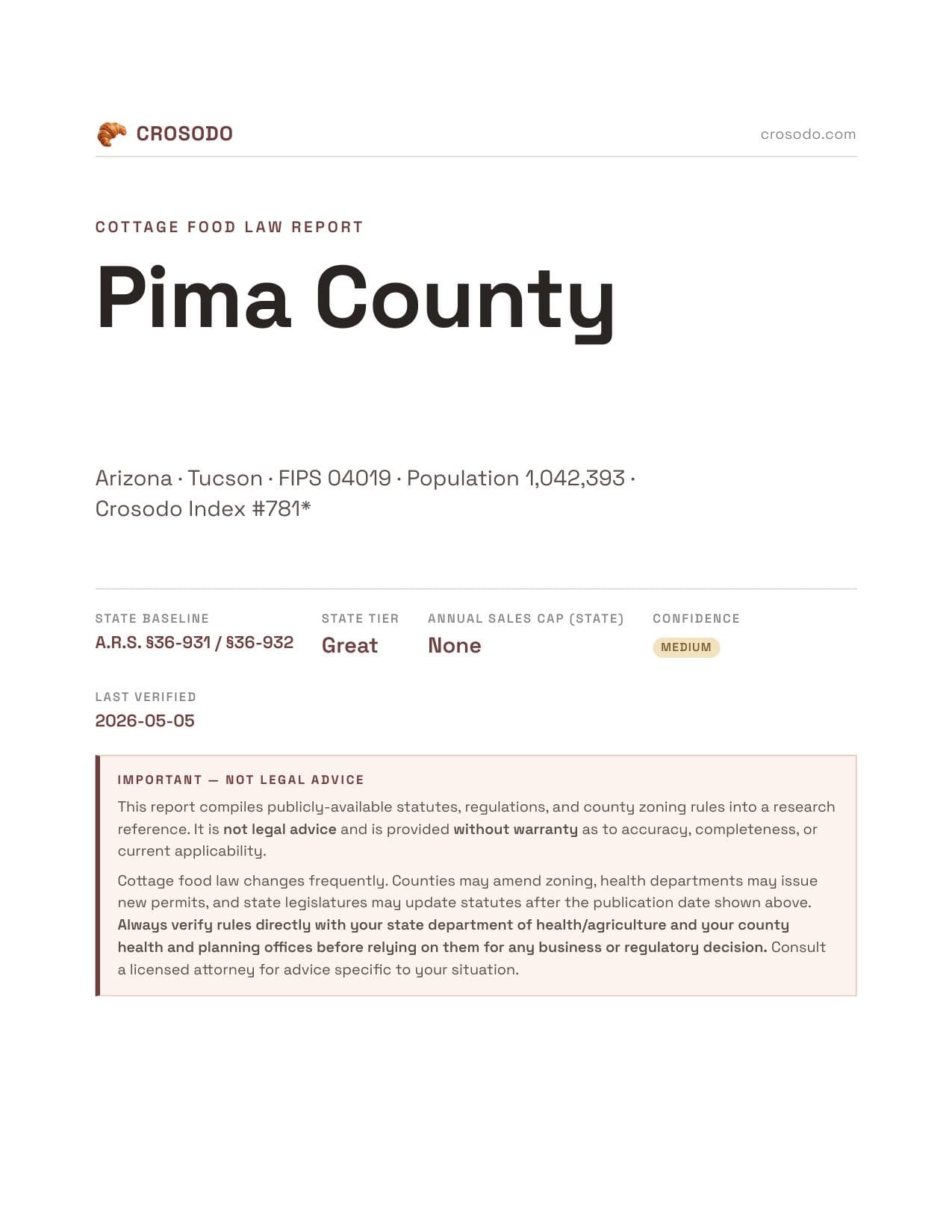 Cover of Pima County county cottage food report