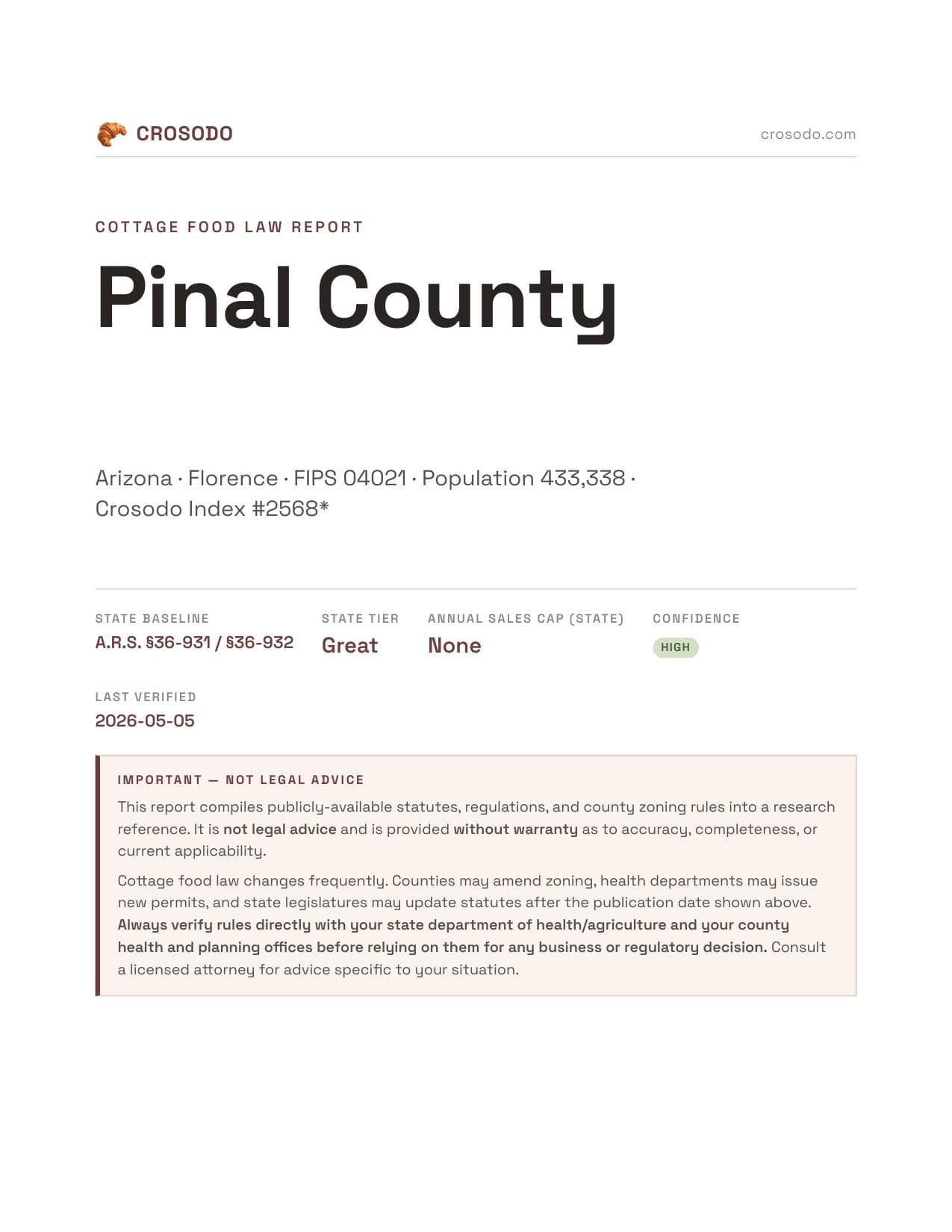 Cover of Pinal County county cottage food report