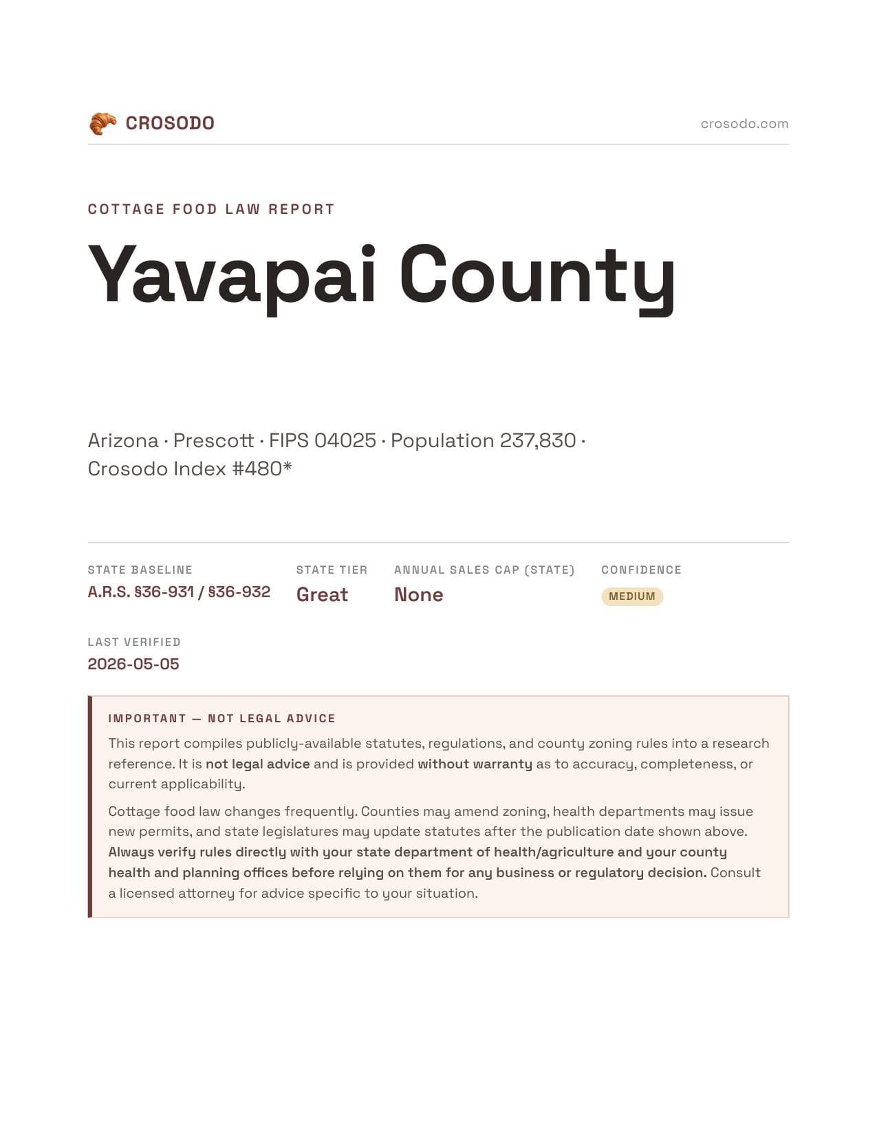 Cover of Yavapai County county cottage food report