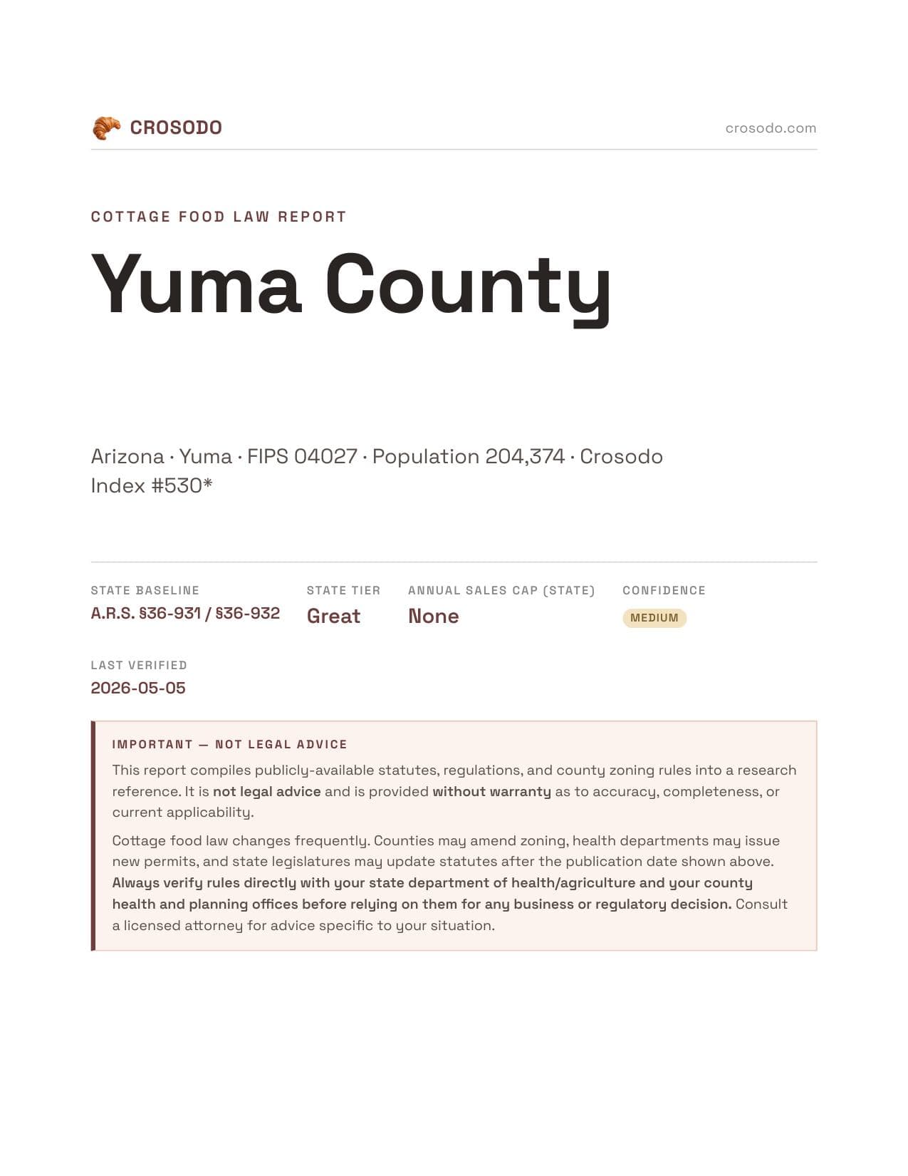 Cover of Yuma County county cottage food report