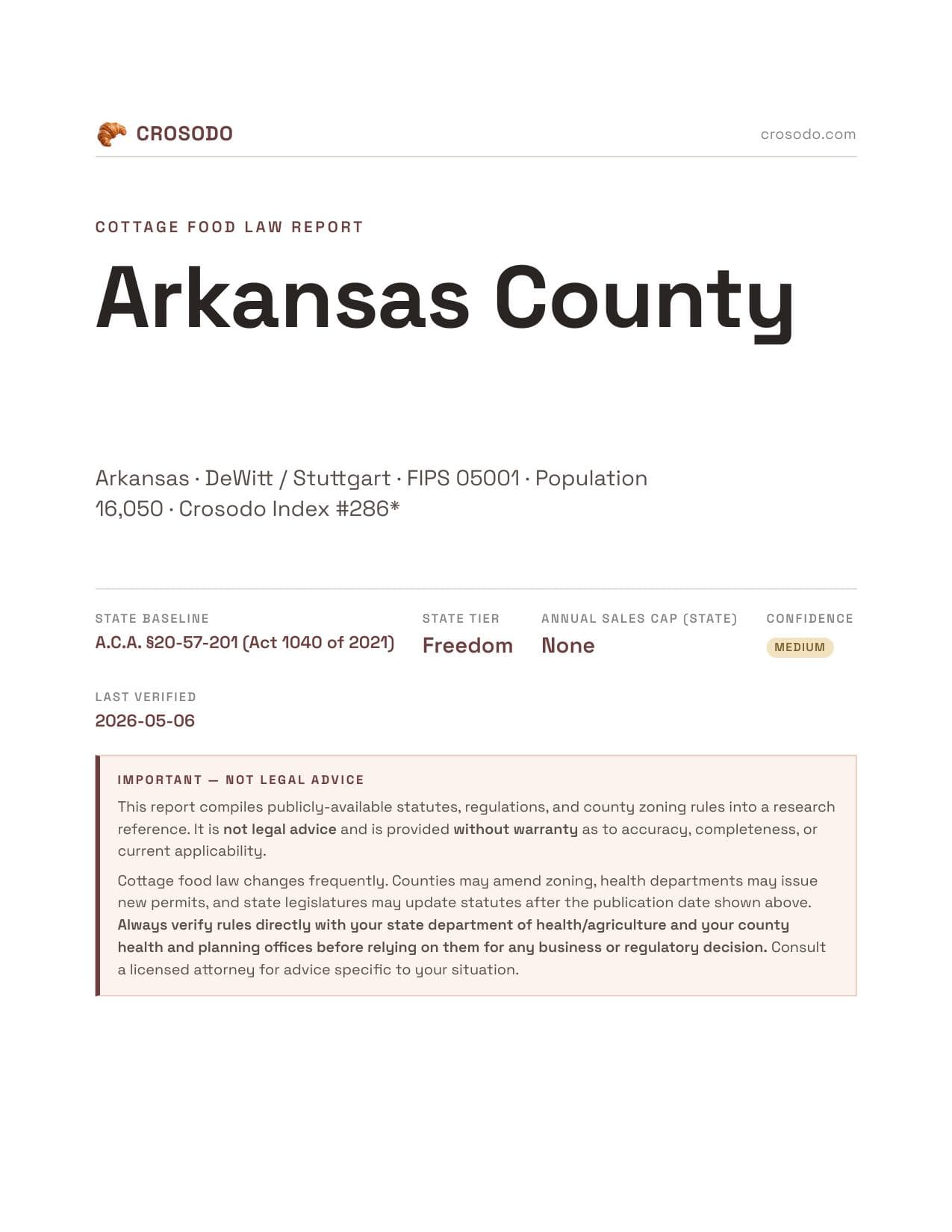 Cover of Arkansas County county cottage food report