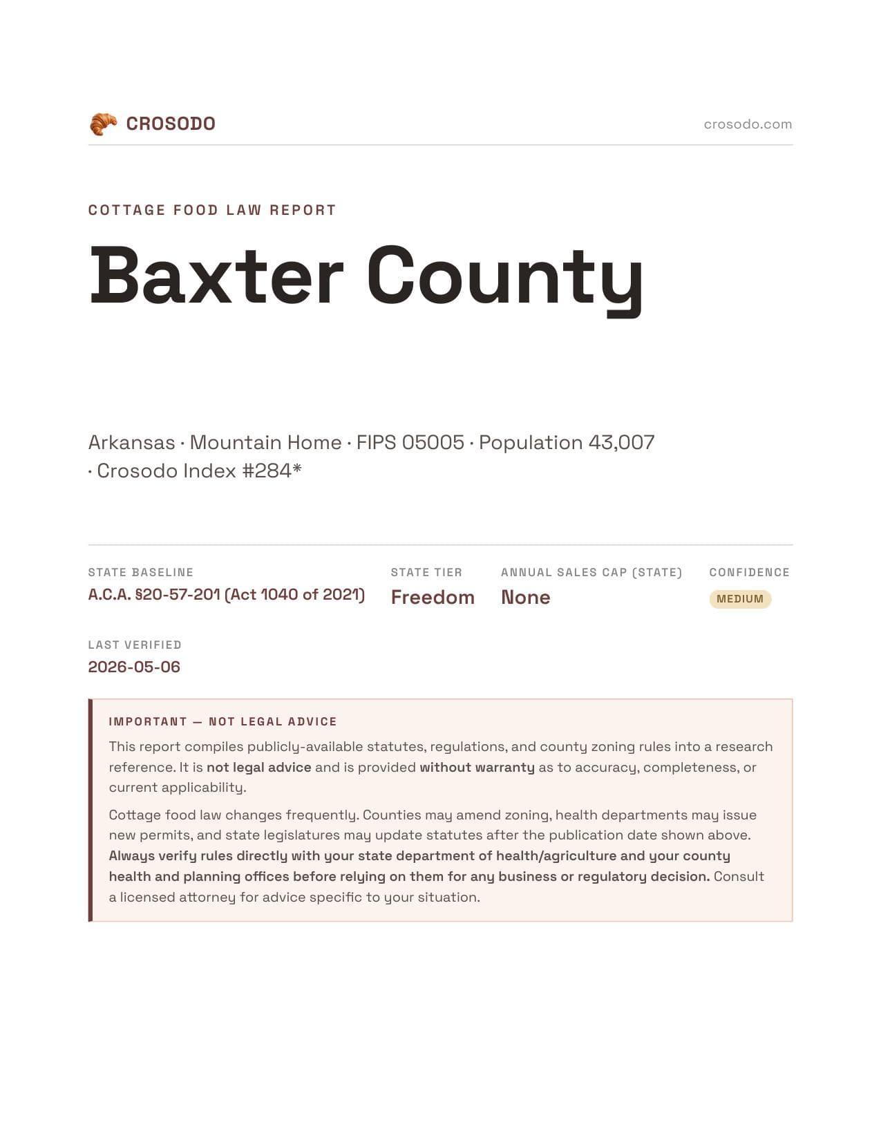 Cover of Baxter County county cottage food report