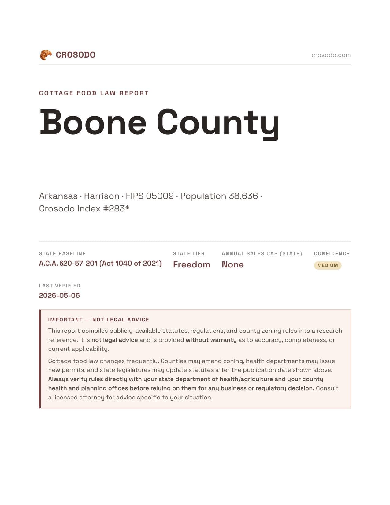 Cover of Boone County, Arkansas cottage food report