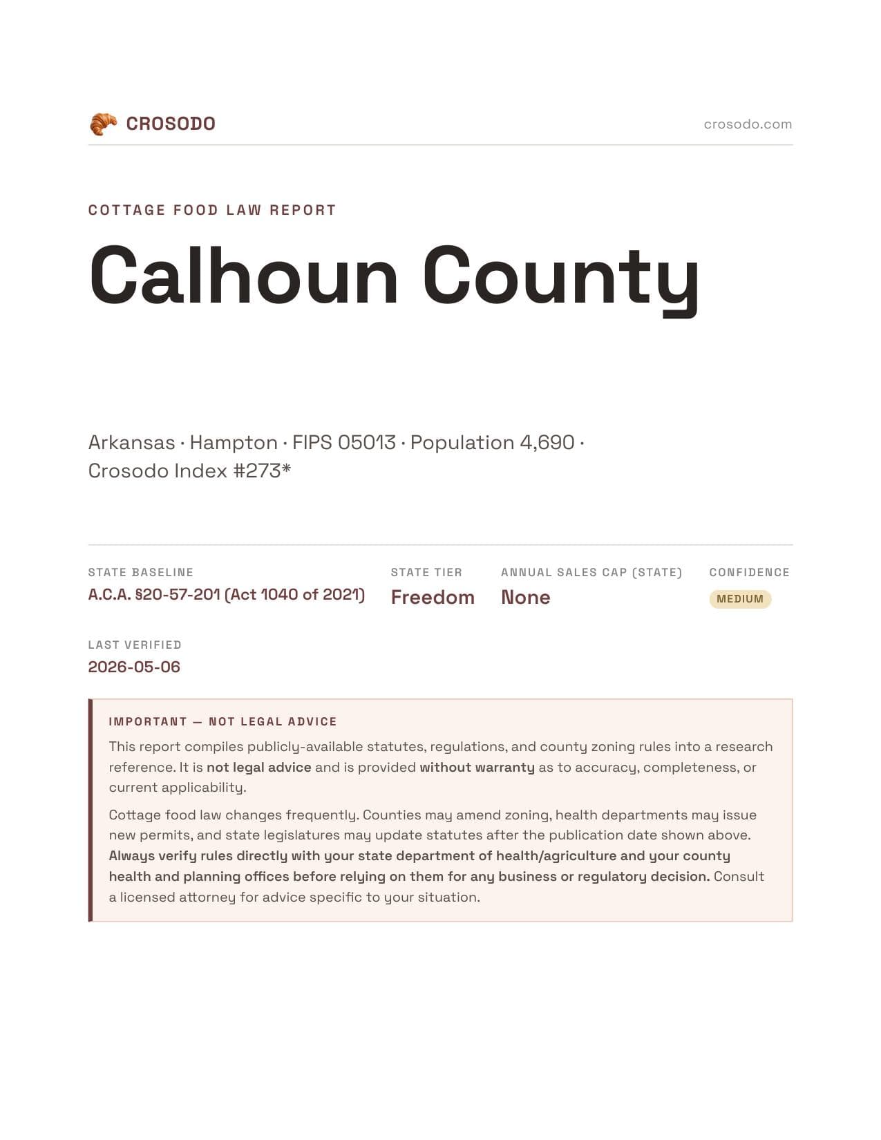 Cover of Calhoun County county cottage food report