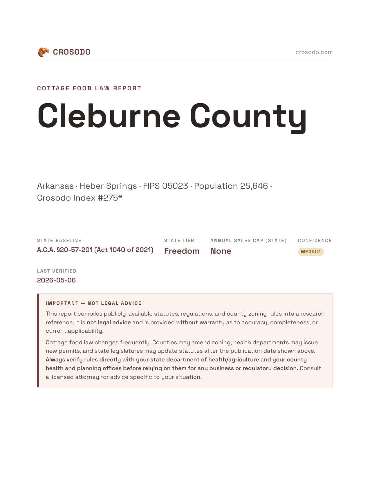 Cover of Cleburne County, Arkansas cottage food report