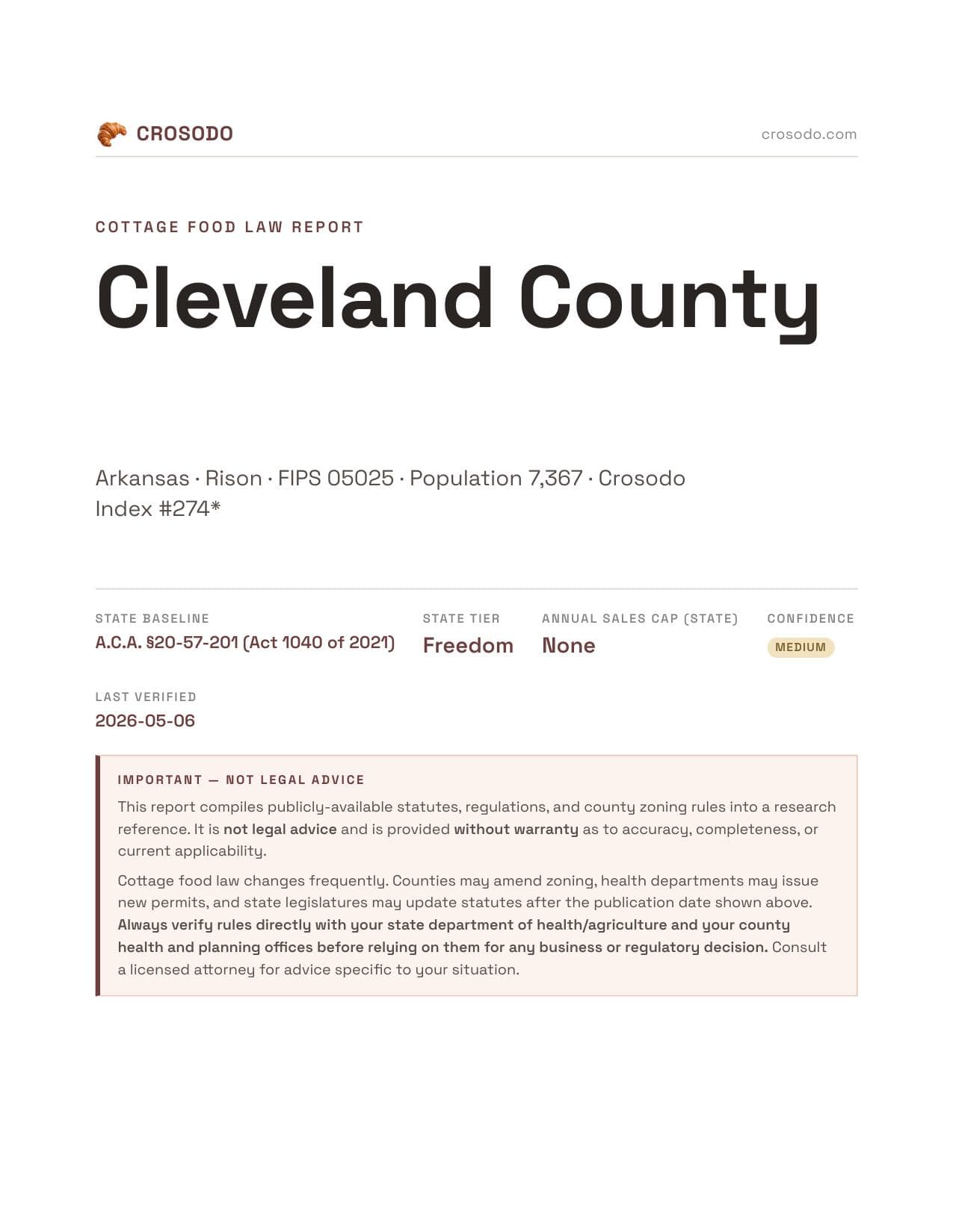 Cover of Cleveland County county cottage food report