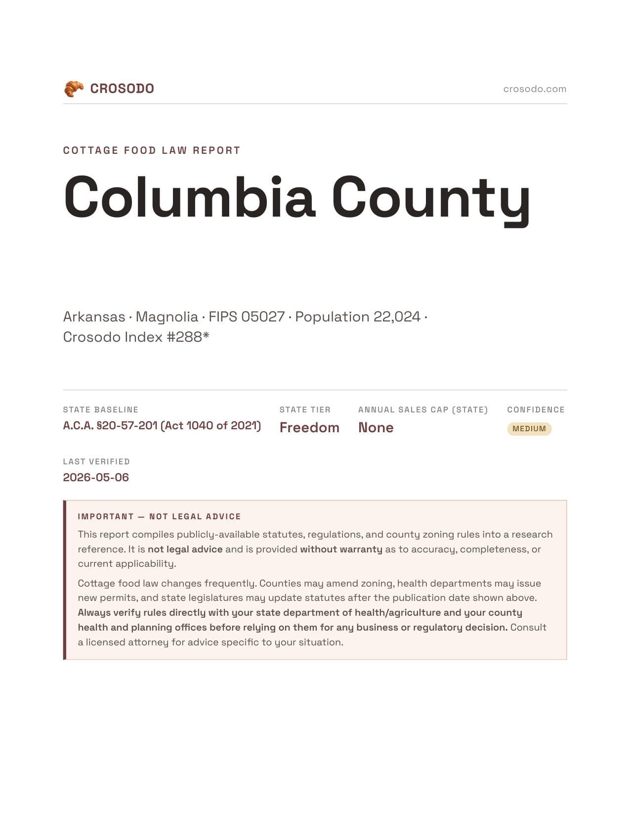 Cover of Columbia County county cottage food report