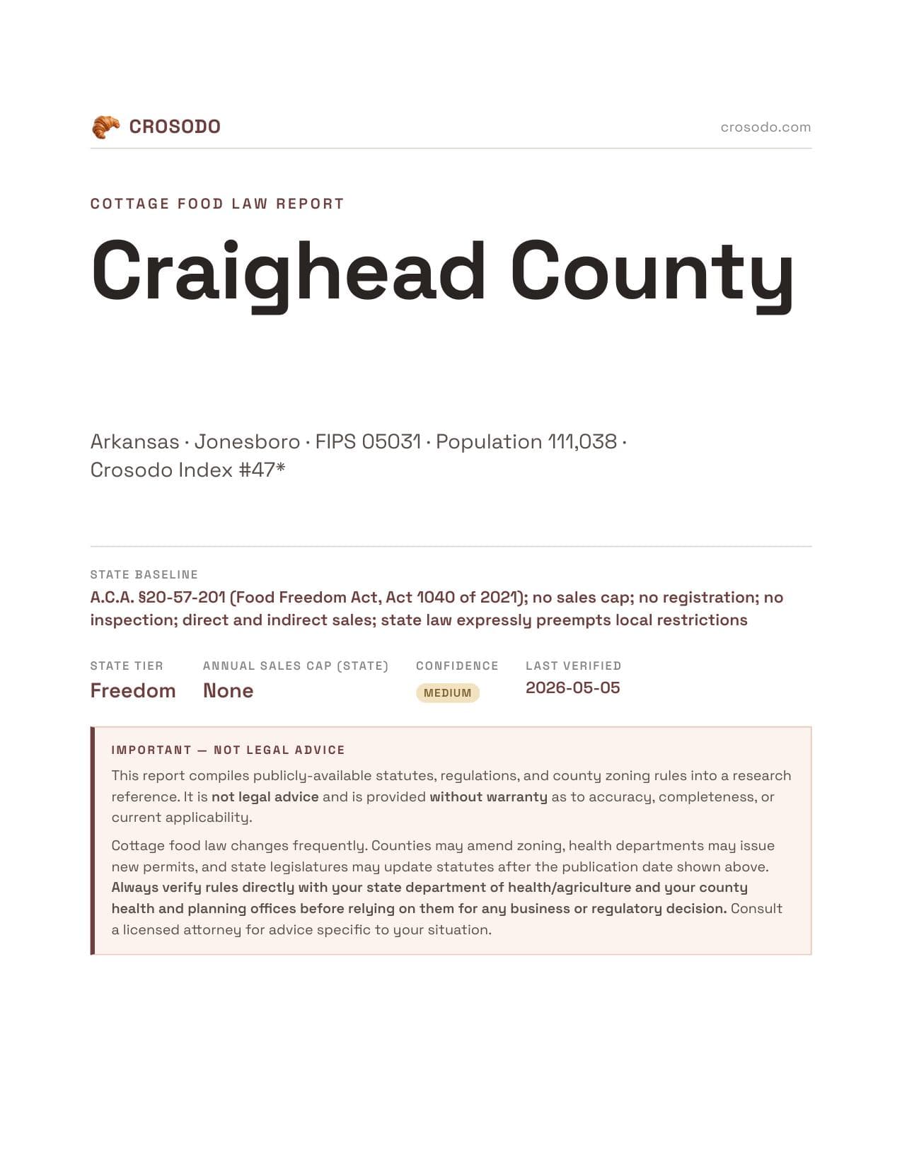 Cover of Craighead County county cottage food report