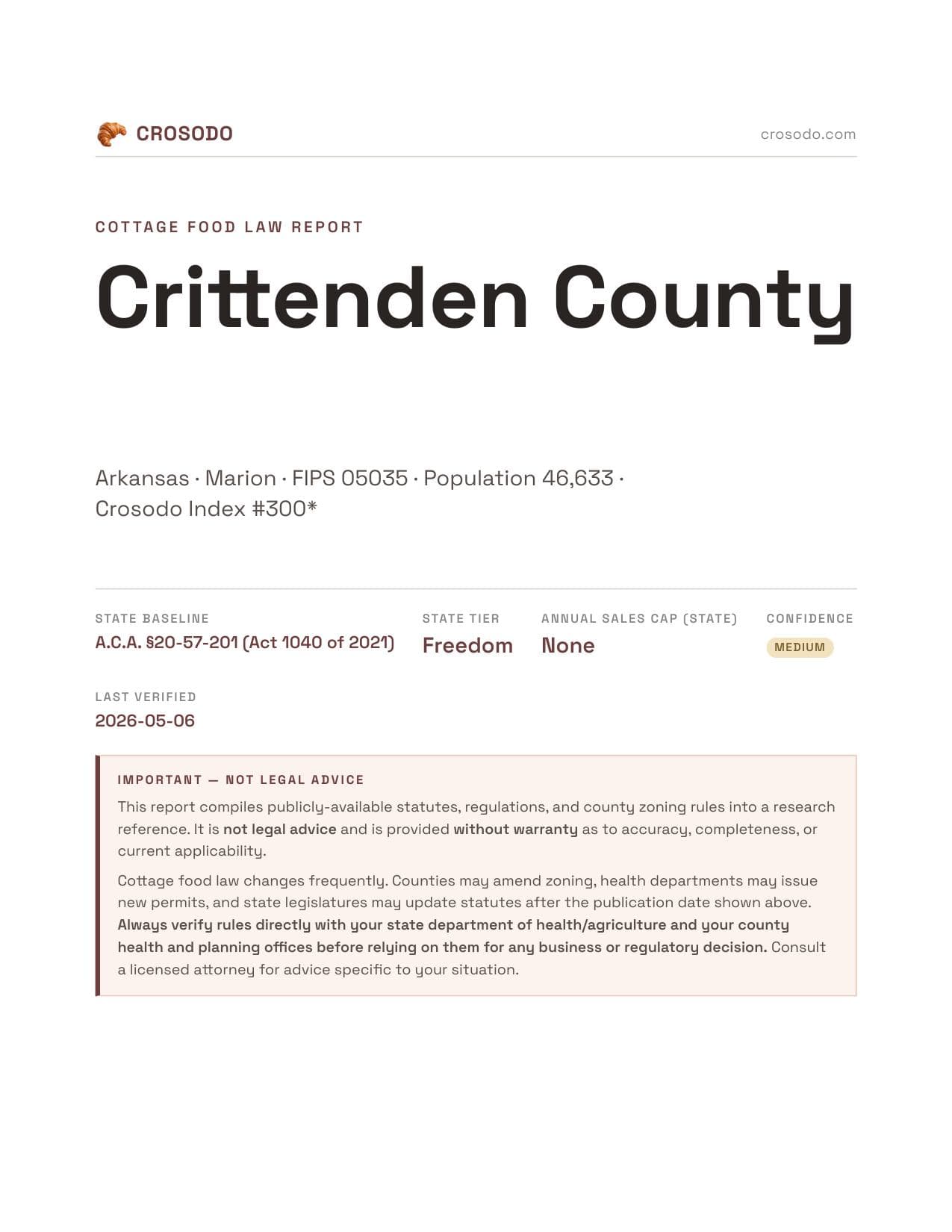 Cover of Crittenden County, Arkansas cottage food report