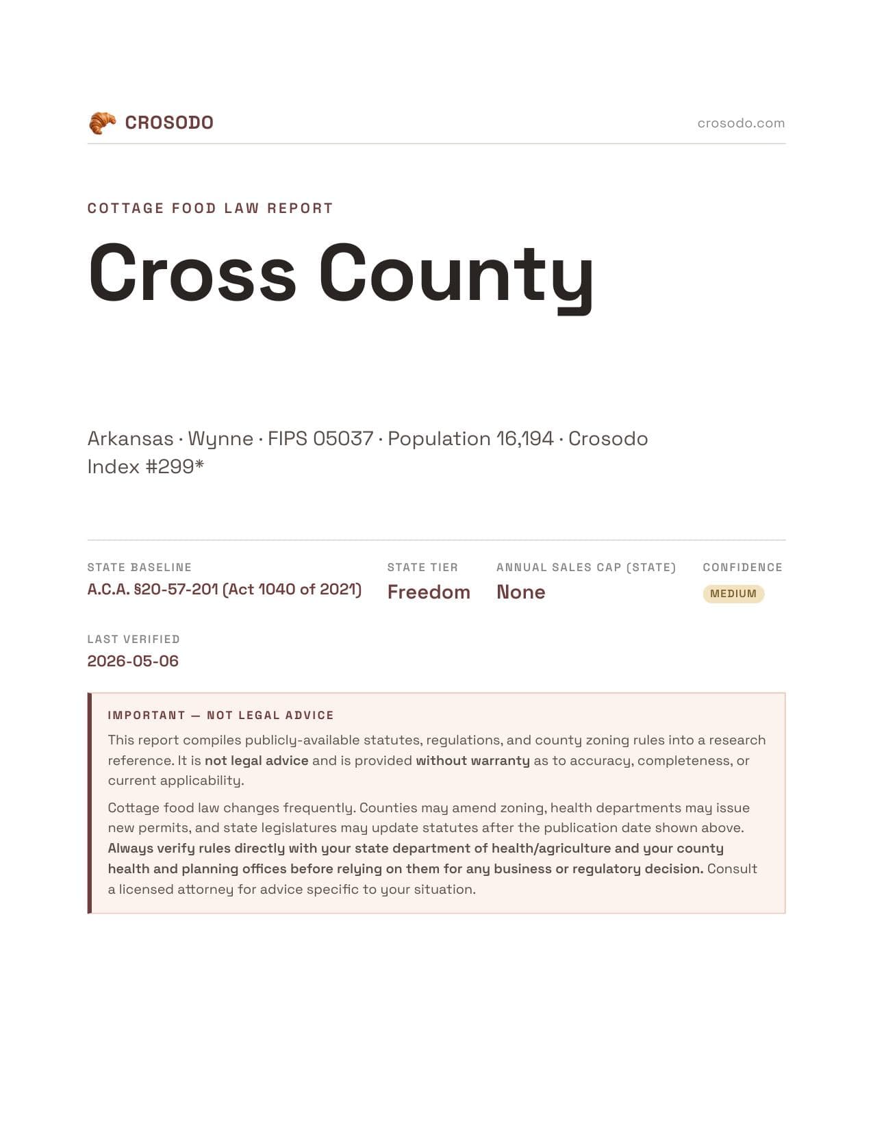 Cover of Cross County county cottage food report
