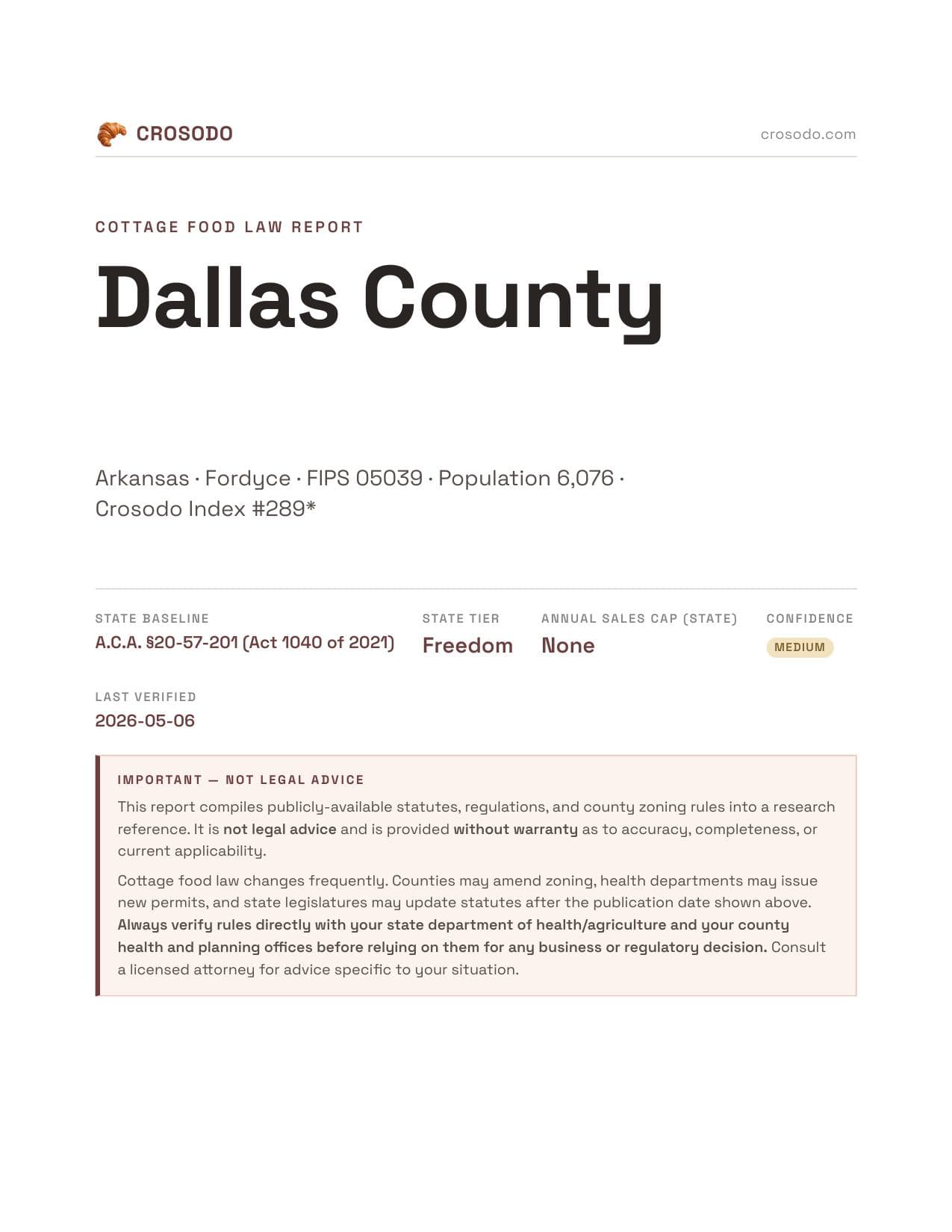 Cover of Dallas County county cottage food report