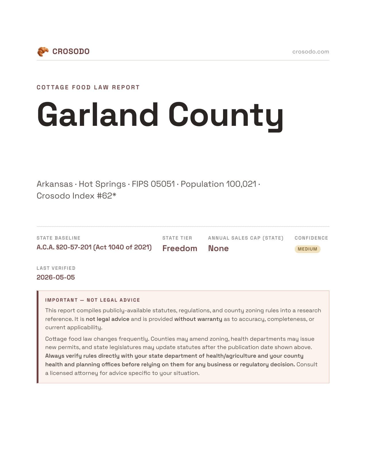 Cover of Garland County county cottage food report