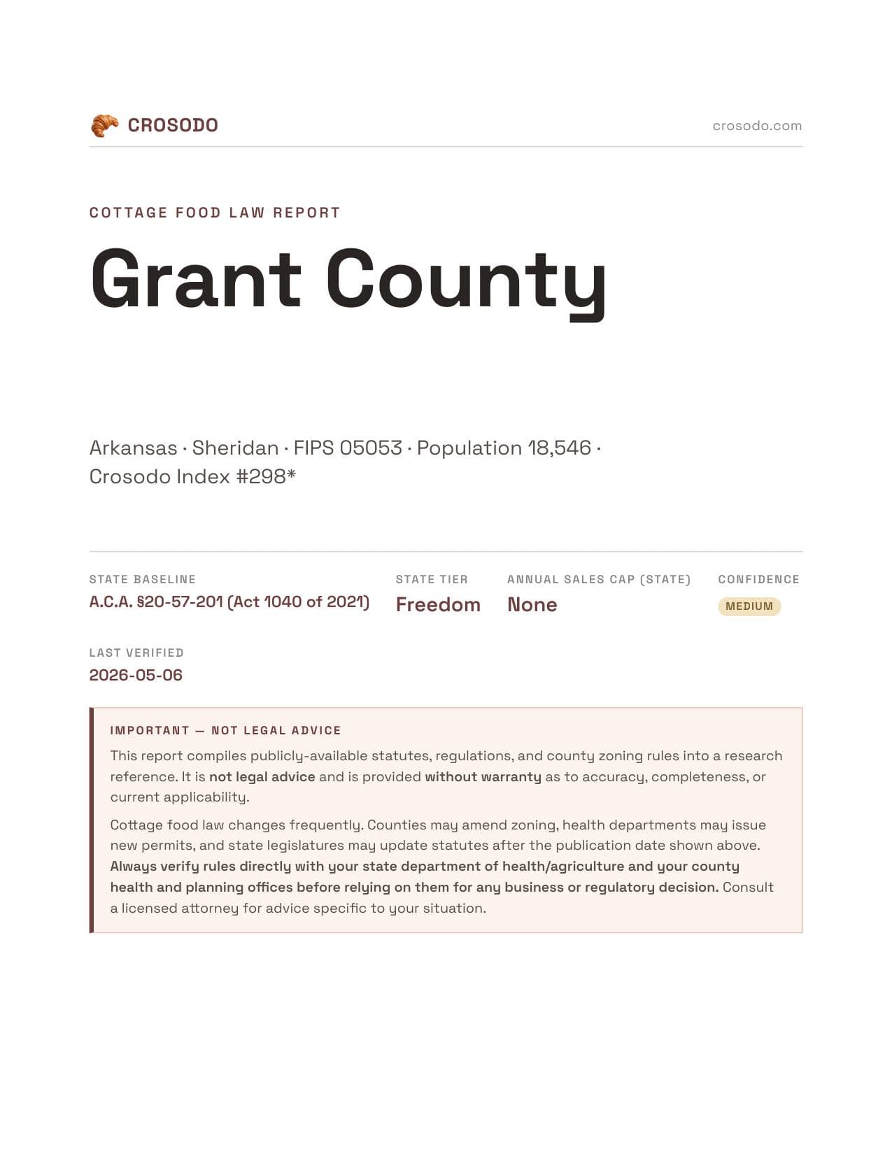Cover of Grant County county cottage food report