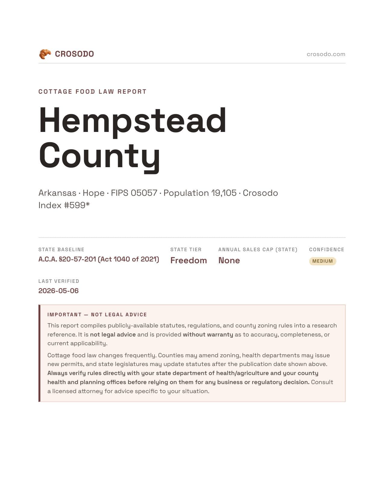 Cover of Hempstead County county cottage food report