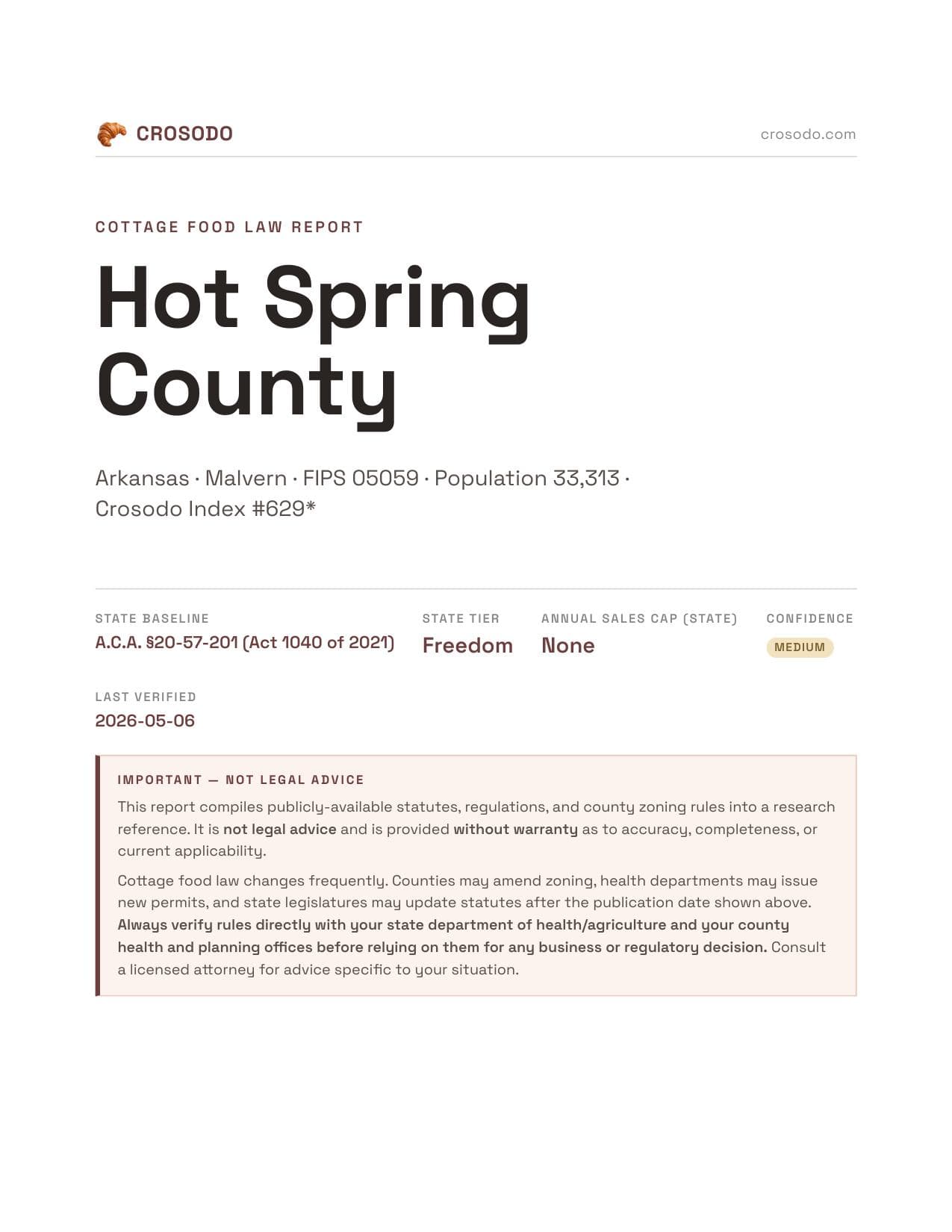 Cover of Hot Spring County county cottage food report