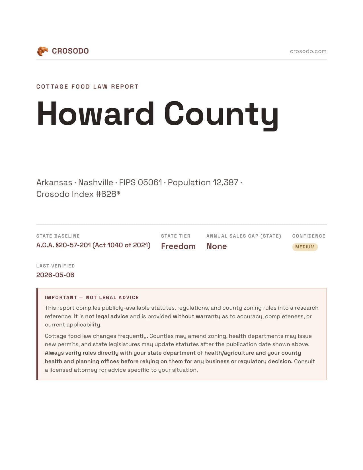 Cover of Howard County county cottage food report