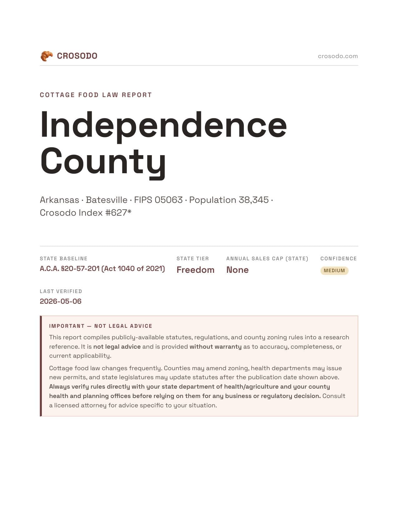 Cover of Independence County county cottage food report