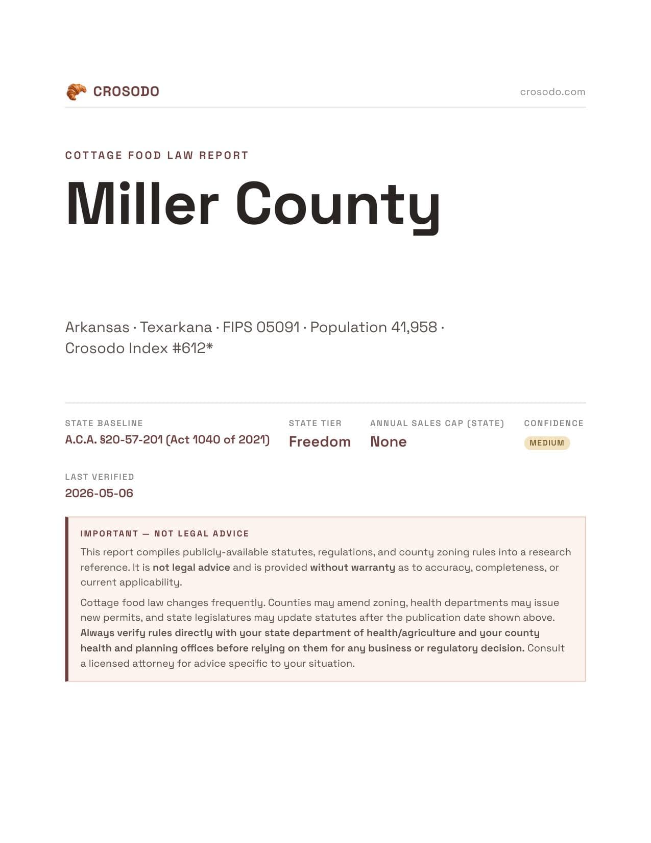 Cover of Miller County county cottage food report