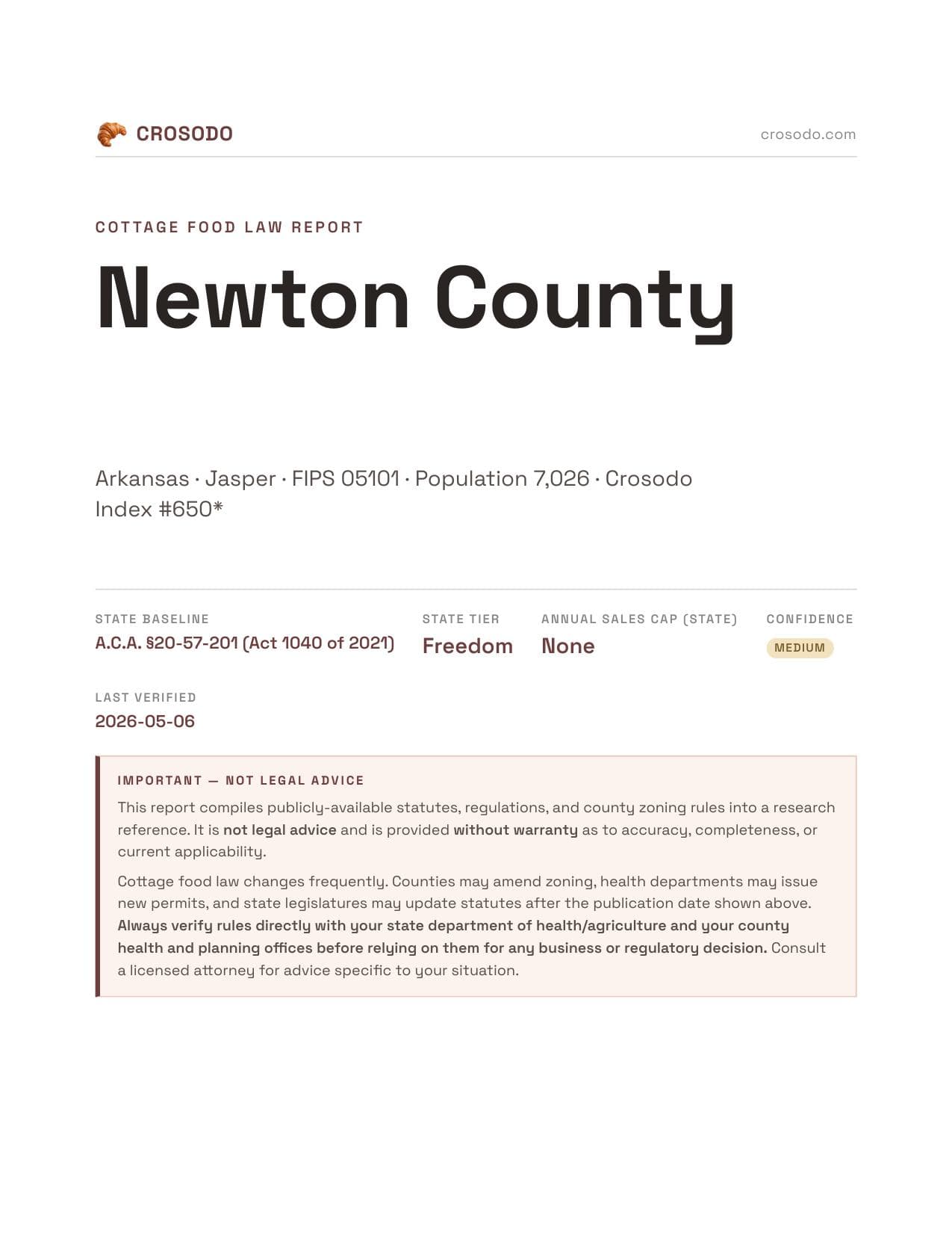 Cover of Newton County county cottage food report