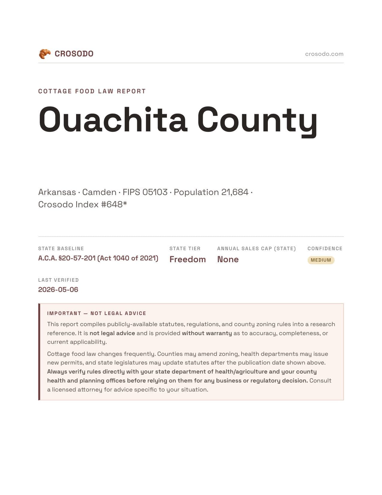 Cover of Ouachita County, Arkansas cottage food report