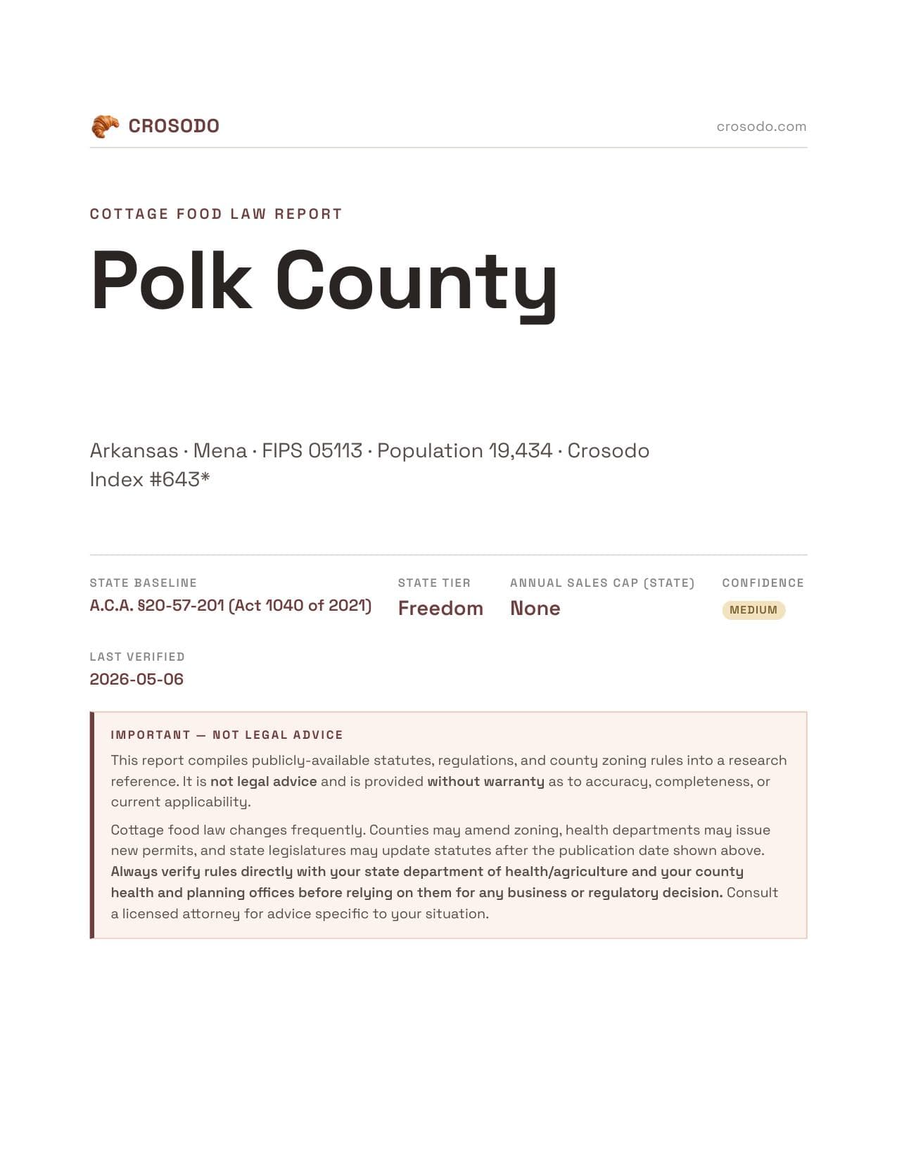 Cover of Polk County, Arkansas cottage food report
