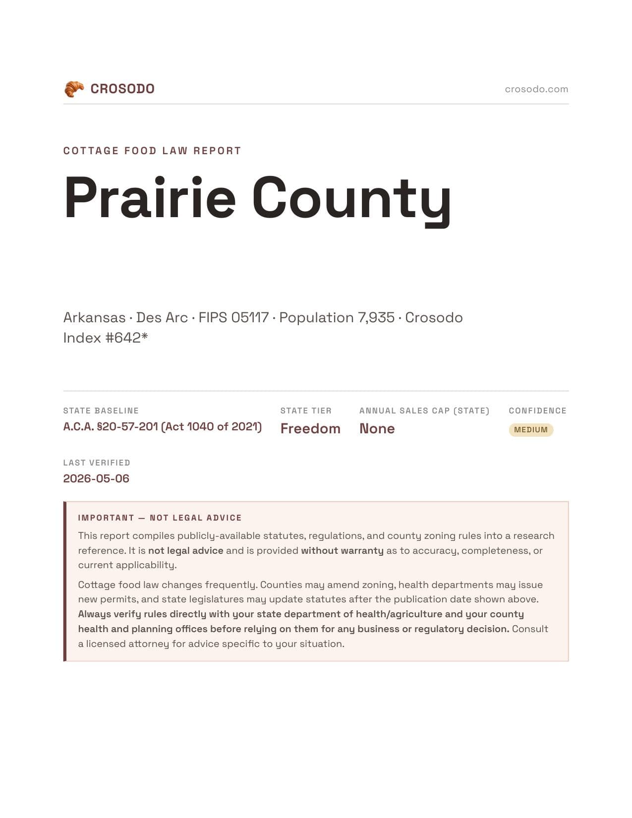 Cover of Prairie County county cottage food report