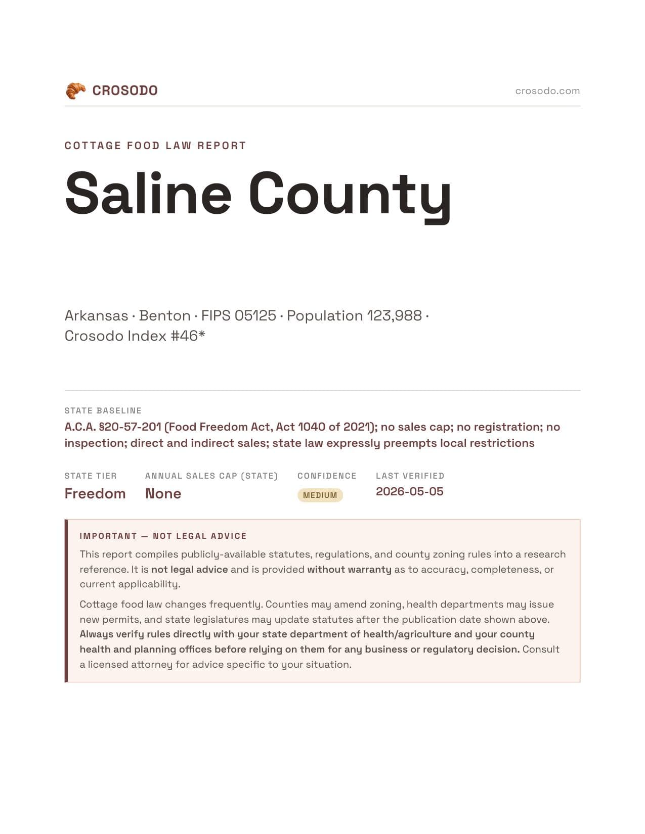 Cover of Saline County county cottage food report
